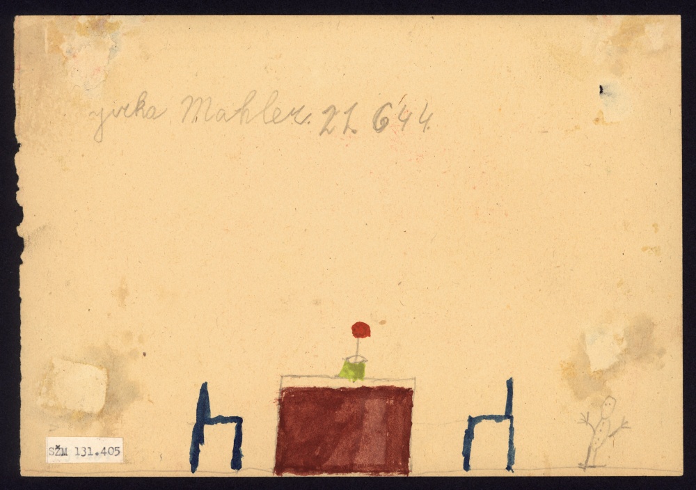 Original drawing by Jiří Mahler showing two chairs, a table and a flower