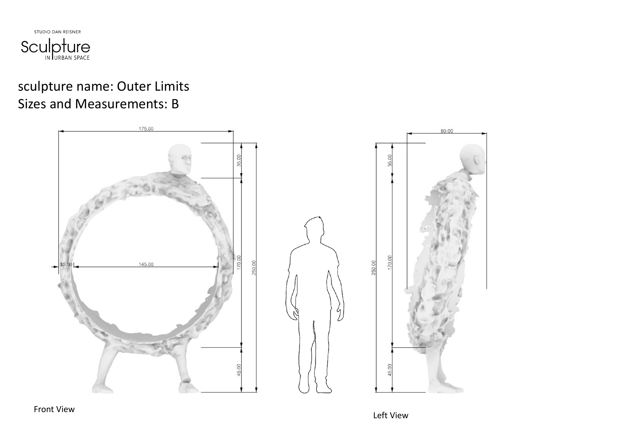 Technical scale study of Outer Limits showing front and side views beside a human figure